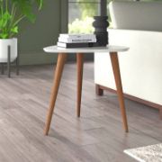 Tripe Table + mid-century inspired triangular side table + liqana